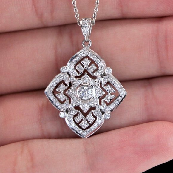 18891 Diamond Pendant 14K White Gold 0.80ct Round Quatrefoil Clover Shape 18" - Picture 5 of 5